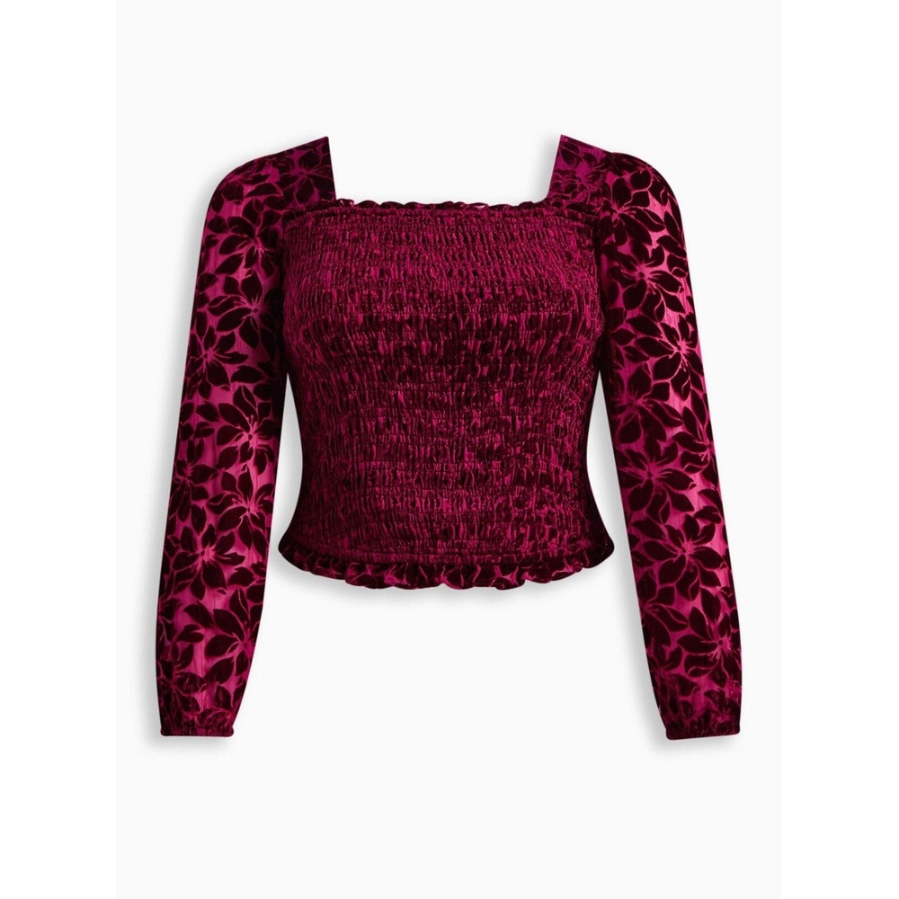 Torrid Velvet Smocked Blouson Sleeve Crop Top‎ - Burgundy - Size 0 (Large 12)